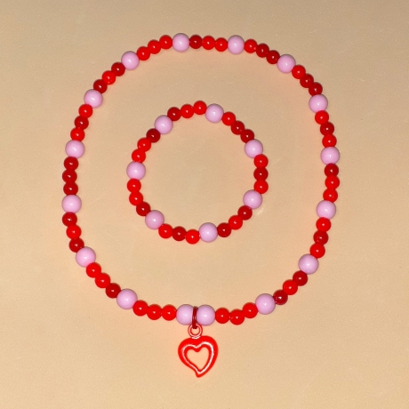 Kinder-Schmuck-Set Kette & Armband Herz Rot Perlenschmuck 