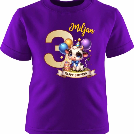 Kinder Kurzarm T-Shirt mit Happy Birthday KUH und Name + Zahl