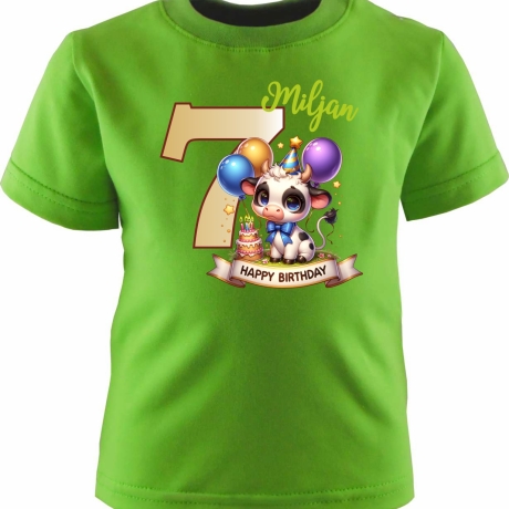 Kinder Kurzarm T-Shirt mit Happy Birthday KUH und Name + Zahl