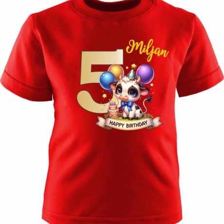 Kinder Kurzarm T-Shirt mit Happy Birthday KUH und Name + Zahl