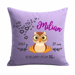 Kissen 40x40 cm SWEET EULE personalisiert mit Geburtsdaten/Name