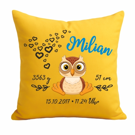 Kissen 40x40 cm SWEET EULE personalisiert mit Geburtsdaten/Name