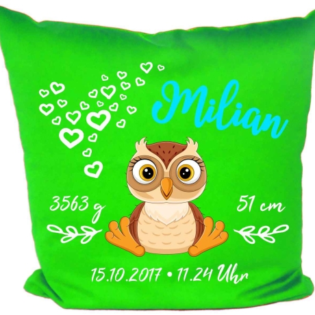 Kissen 40x40 cm SWEET EULE personalisiert mit Geburtsdaten/Name