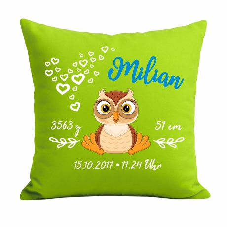 Kissen 40x40 cm SWEET EULE personalisiert mit Geburtsdaten/Name