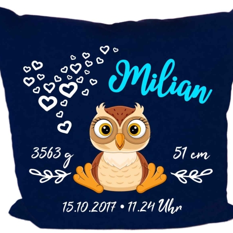 Kissen 40x40 cm SWEET EULE personalisiert mit Geburtsdaten/Name