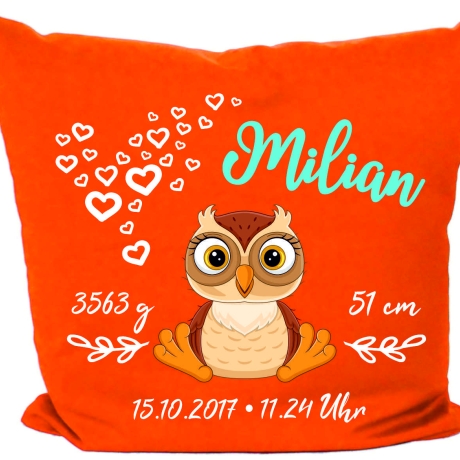 Kissen 40x40 cm SWEET EULE personalisiert mit Geburtsdaten/Name