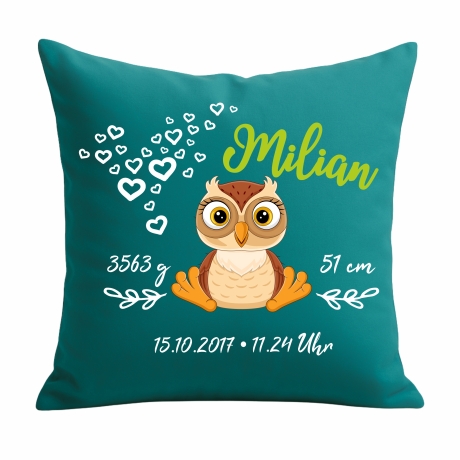 Kissen 40x40 cm SWEET EULE personalisiert mit Geburtsdaten/Name