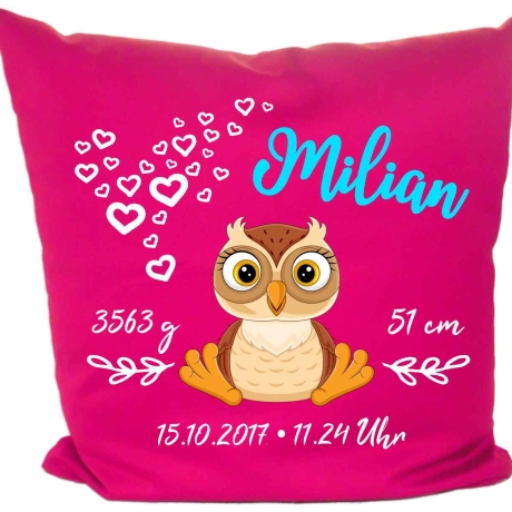 Kissen 40x40 cm SWEET EULE personalisiert mit Geburtsdaten/Name