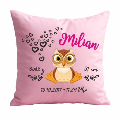 Kissen 40x40 cm SWEET EULE personalisiert mit Geburtsdaten/Name