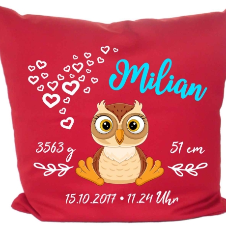 Kissen 40x40 cm SWEET EULE personalisiert mit Geburtsdaten/Name