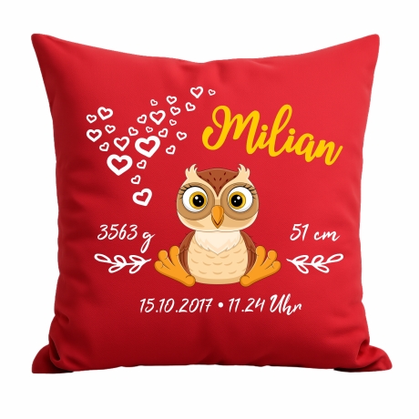 Kissen 40x40 cm SWEET EULE personalisiert mit Geburtsdaten/Name