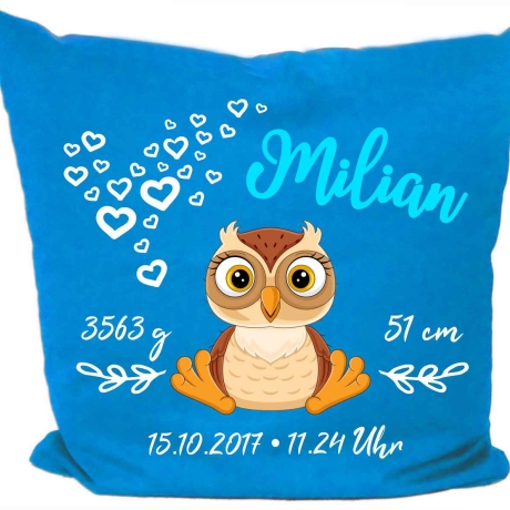 Kissen 40x40 cm SWEET EULE personalisiert mit Geburtsdaten/Name
