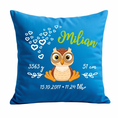 Kissen 40x40 cm SWEET EULE personalisiert mit Geburtsdaten/Name