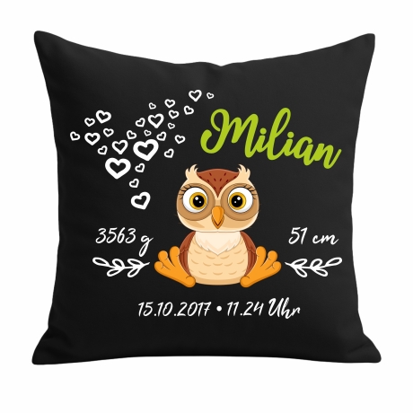 Kissen 40x40 cm SWEET EULE personalisiert mit Geburtsdaten/Name