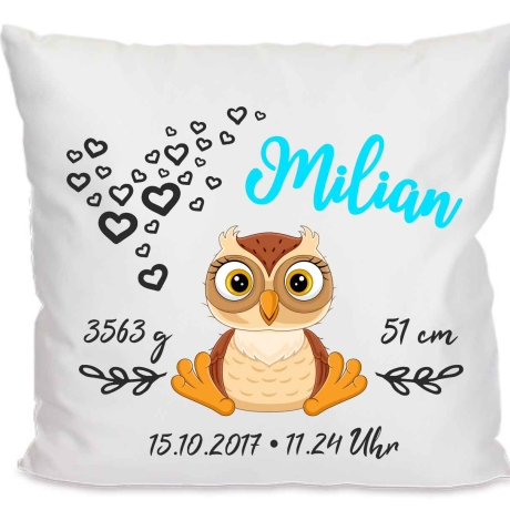 Kissen 40x40 cm SWEET EULE personalisiert mit Geburtsdaten/Name