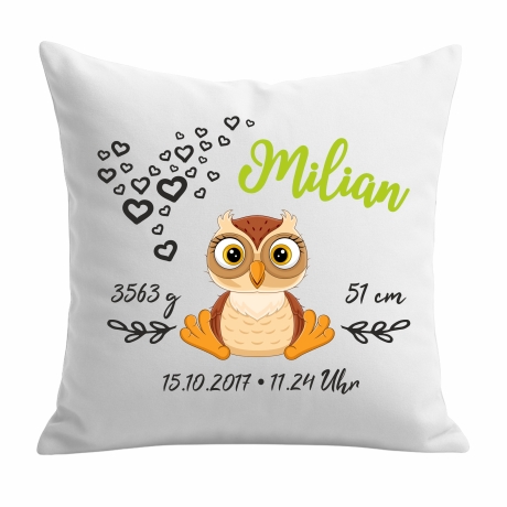 Kissen 40x40 cm SWEET EULE personalisiert mit Geburtsdaten/Name
