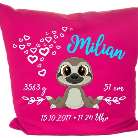 Kissen 40x40 cm SWEET FAULTIER personalisiert mit Geburtsdaten