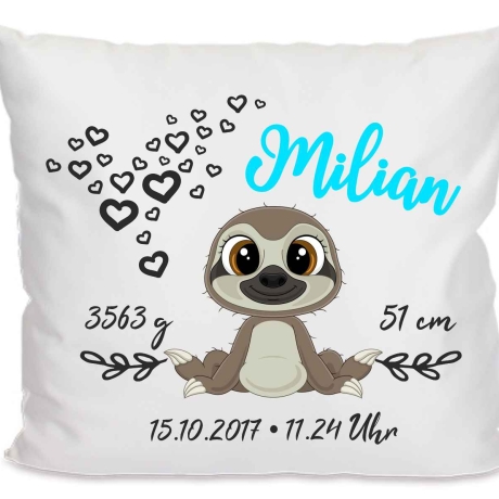 Kissen 40x40 cm SWEET FAULTIER personalisiert mit Geburtsdaten