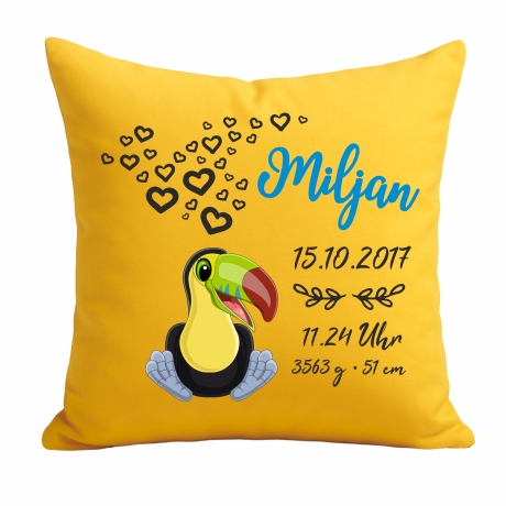 Kissen 40x40 cm SWEET TUKAN personalisiert mit Geburtsdaten