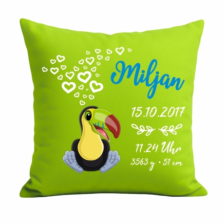 Kissen 40x40 cm SWEET TUKAN personalisiert mit Geburtsdaten