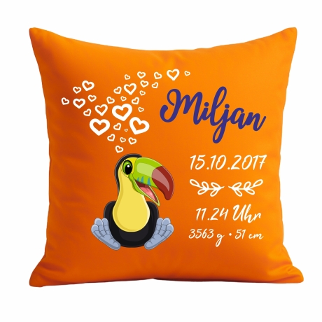 Kissen 40x40 cm SWEET TUKAN personalisiert mit Geburtsdaten