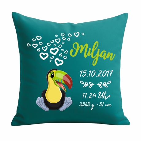 Kissen 40x40 cm SWEET TUKAN personalisiert mit Geburtsdaten