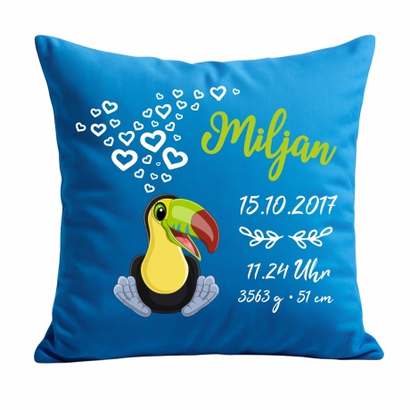 Kissen 40x40 cm SWEET TUKAN personalisiert mit Geburtsdaten