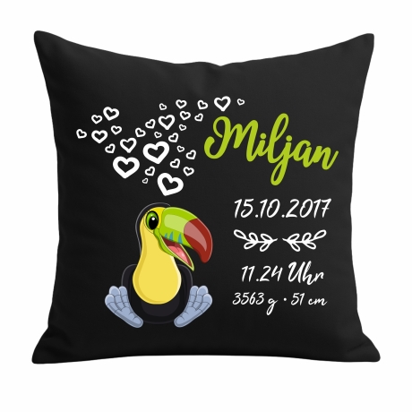 Kissen 40x40 cm SWEET TUKAN personalisiert mit Geburtsdaten