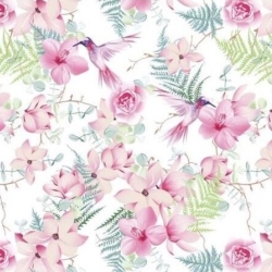 Baumwollstoff Kolibri Blumen rosa weiß – 150 × 160 cm