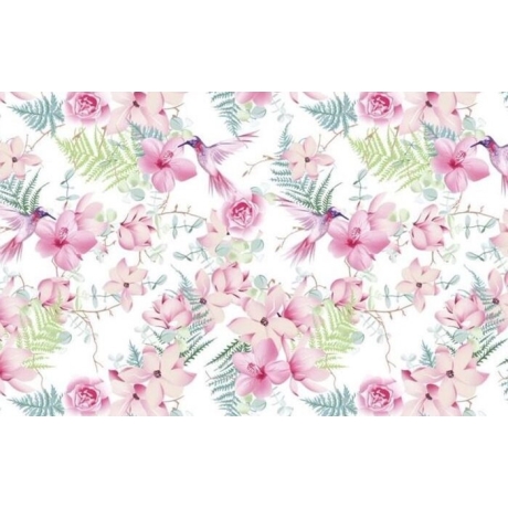 Baumwollstoff Kolibri Blumen rosa weiß – 150 × 160 cm
