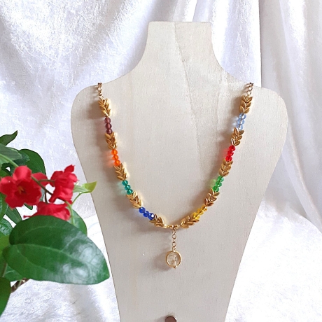 Halskette Perlenkette Bunt mit Gold Kurzkette Kette Damenkette