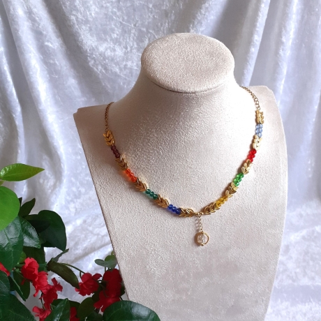 Halskette Perlenkette Bunt mit Gold Kurzkette Kette Damenkette