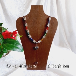 Halskette Perlenkette Bunt mit Silber Kurzkette Kette Damenkette