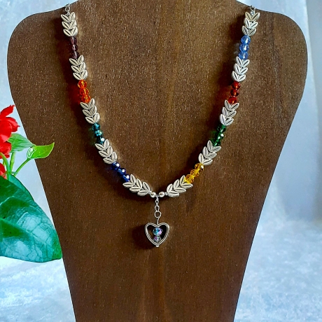 Halskette Perlenkette Bunt mit Silber Kurzkette Kette Damenkette