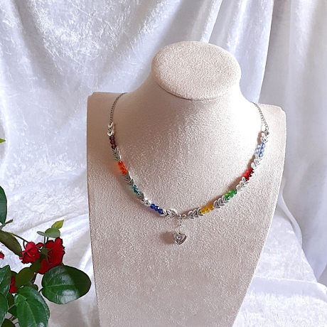Halskette Perlenkette Bunt mit Silber Kurzkette Kette Damenkette