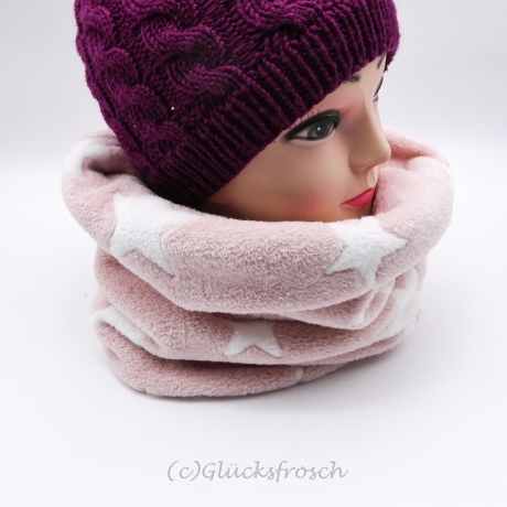 Schlauchschal, Plüsch, Wellnessfleece, rosa, weiße Sterne