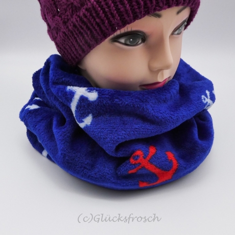 Schlauchschal, Wellnessfleece dunkelblau, Anker, weiß und rot