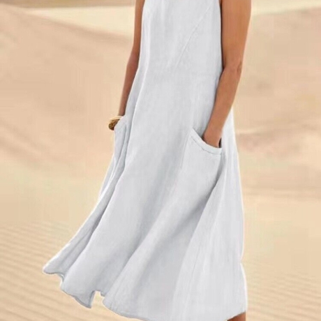 Damen-Sommer-Leinenkleid mit Taschen 36 - 38, weiß, neu