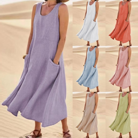 Damen-Sommer-Leinenkleid mit Taschen, 36-38, lila, neu