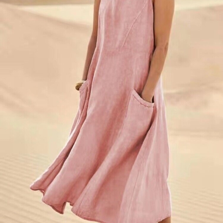 Damen-Sommer-Leinenkleid mit Taschen 36 - 38, rosa, neu