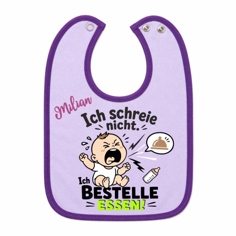 Baby Lätzchen farbiger Saum ICH SCHREIE NICHT bedruckt mit Namen