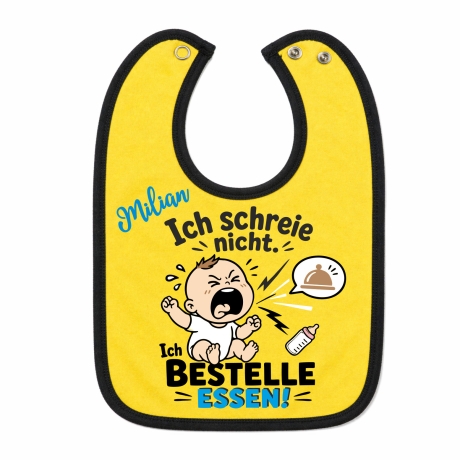 Baby Lätzchen farbiger Saum ICH SCHREIE NICHT bedruckt mit Namen