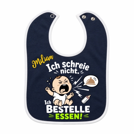 Baby Lätzchen farbiger Saum ICH SCHREIE NICHT bedruckt mit Namen
