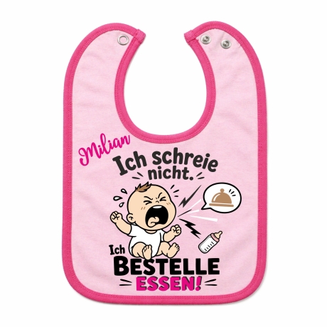 Baby Lätzchen farbiger Saum ICH SCHREIE NICHT bedruckt mit Namen