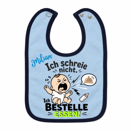 Baby Lätzchen farbiger Saum ICH SCHREIE NICHT bedruckt mit Namen