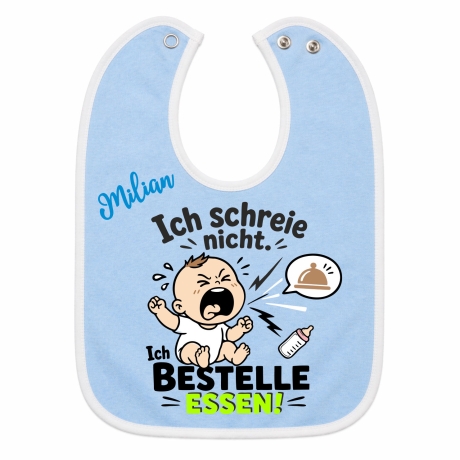 Baby Lätzchen farbiger Saum ICH SCHREIE NICHT bedruckt mit Namen
