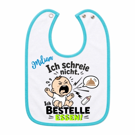 Baby Lätzchen farbiger Saum ICH SCHREIE NICHT bedruckt mit Namen