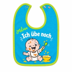 Baby Lätzchen farbiger Saum ICH ÜBE NOCH bedruckt mit Namen
