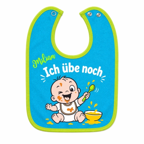 Baby Lätzchen farbiger Saum ICH ÜBE NOCH bedruckt mit Namen