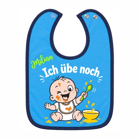 Baby Lätzchen farbiger Saum ICH ÜBE NOCH bedruckt mit Namen